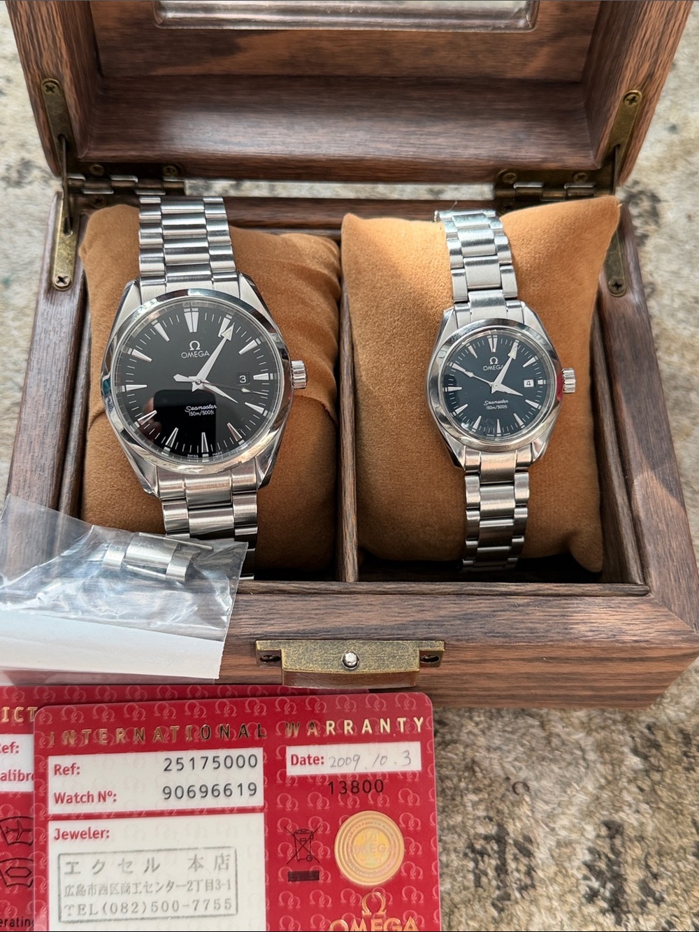 Omega Aqua Terra men’s and women’s watch set.